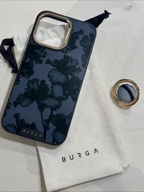 BURGA Black Floral Phone Case with Gold Ring Holder iPhone 15 Pro Max